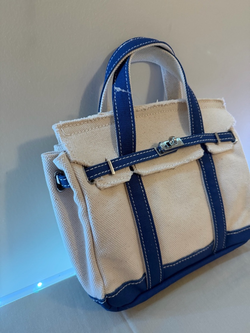 Canvas Tote Handbag in Natural with Blue Trim - Picture 3 of 3